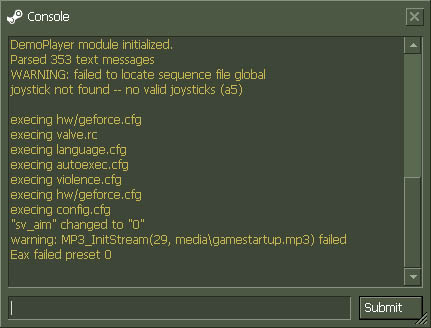 Вид консоли после запуска игры в режиме developer