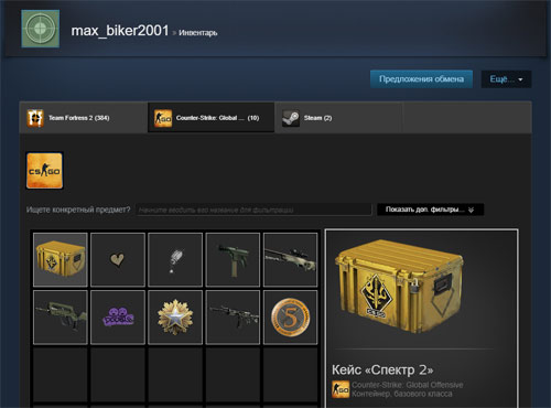 Инвентарь вещей CS GO в программе Steam