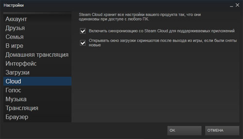 Steam Cloud в настройках